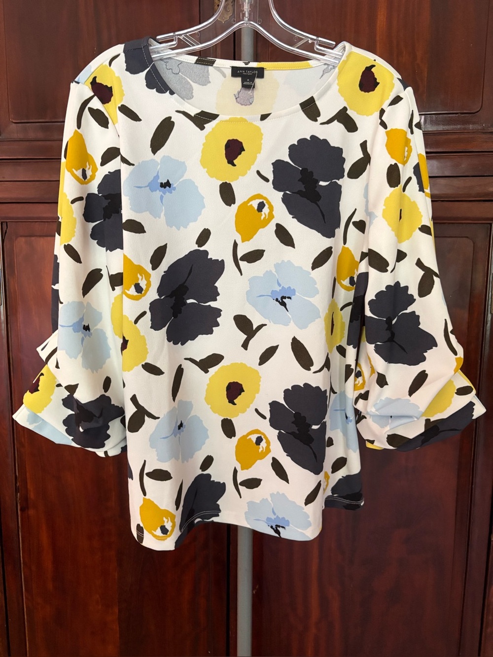 Ann Taylor Cream Floral Bell-Sleeve Top with Yellow and Blue Blooms